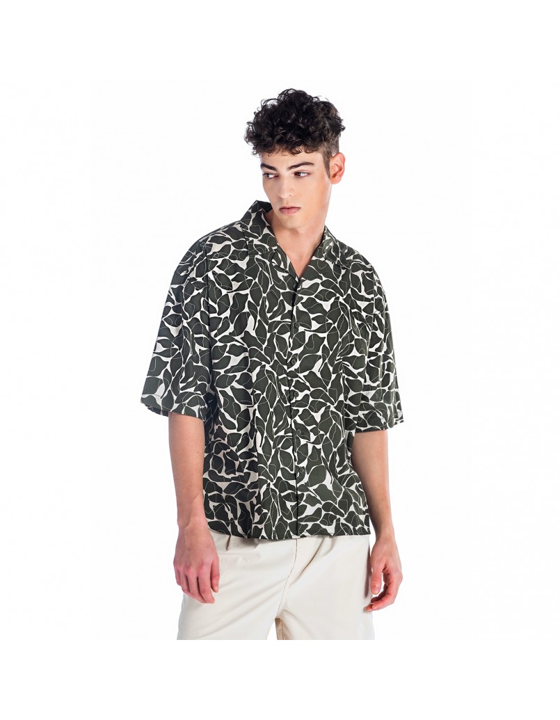 C by camel active Men Short Sleeve Shirt in Oversized with Allover Print in Olive Cotton Poplin 102-