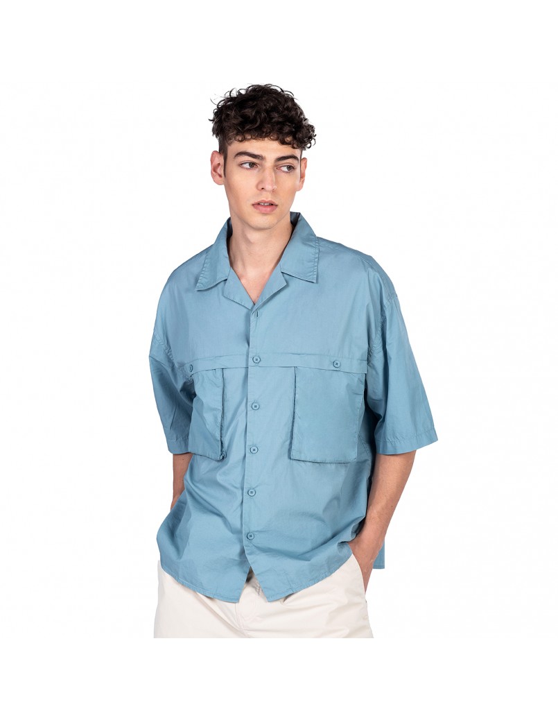 C by camel active Men Short Sleeve Shirt in Oversized with Chest Pockets in Blue Cotton Poplin 102-A