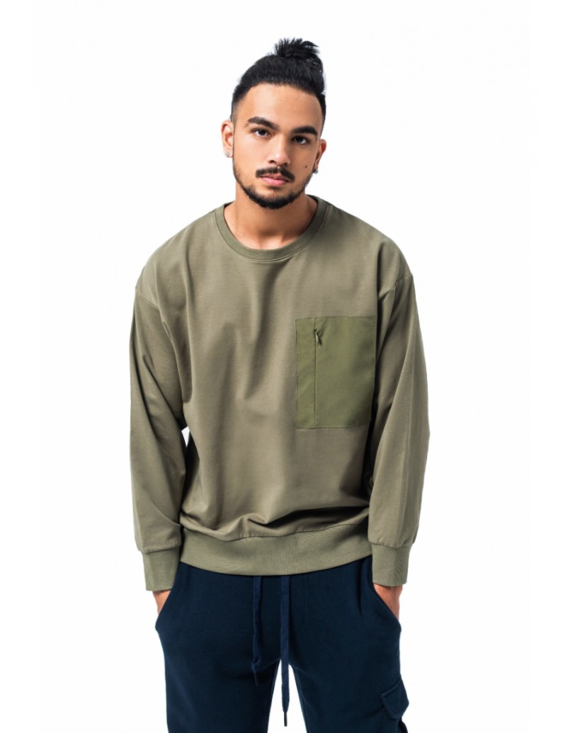 C by camel active Men Sweatshirt in Oversized with Crew Neck Panelled Pocket Olive  (291-SS22CF195-L