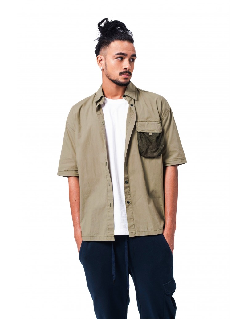 C by camel active Men Short Sleeve Shirt in Oversized with Shirt Collar Olive  (102-SS22C1718-L)