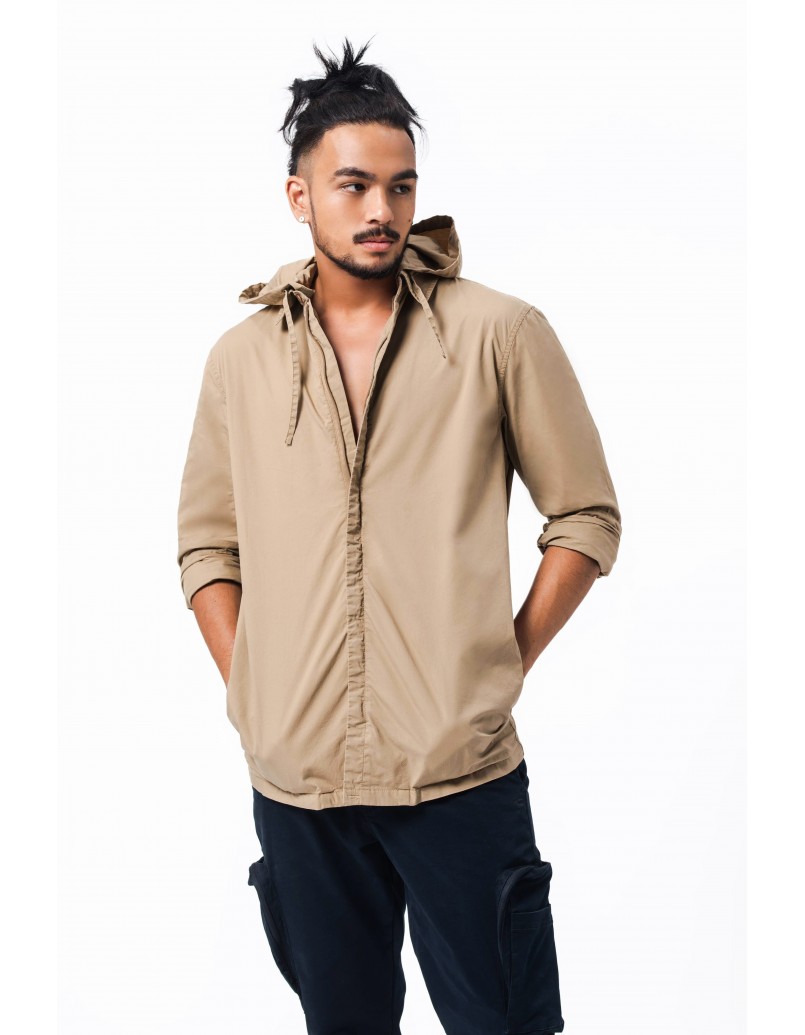 C by camel active Men Long Sleeve Shirt in Relaxed Fit with Stand Collar Detachable Hoodie Sand Brow